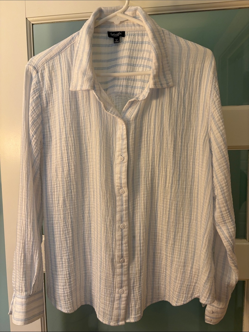 Splendid Women’s  White Button-Down Shirt with Light Blue Stripes (XL) EUC